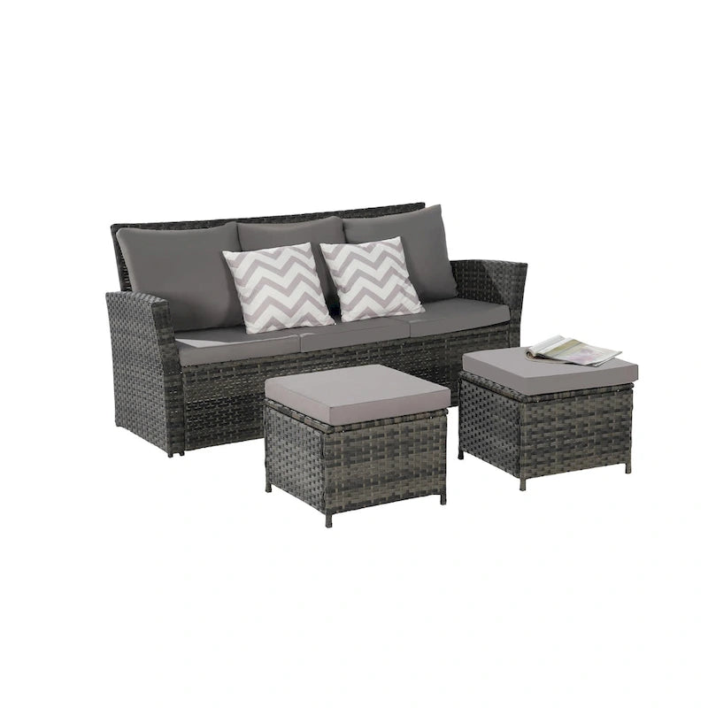 Ensemble de canapé d'extérieur 3 pièces avec poufs, résine tressée résistante aux intempéries