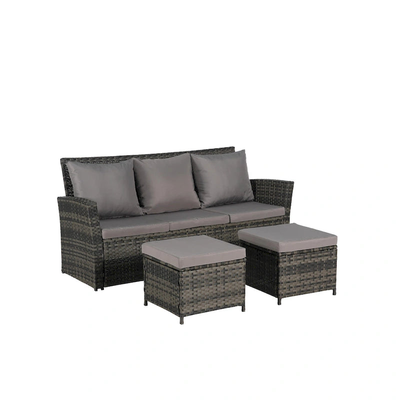 Ensemble de canapé d'extérieur 3 pièces avec poufs, résine tressée résistante aux intempéries