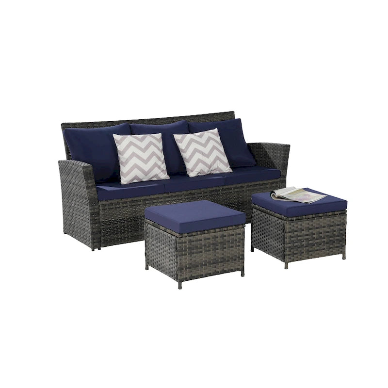 Ensemble de canapé d'extérieur 3 pièces avec poufs, résine tressée résistante aux intempéries