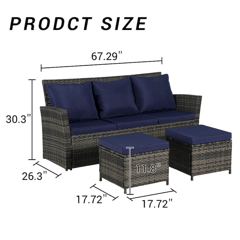 Ensemble de canapé d'extérieur 3 pièces avec poufs, résine tressée résistante aux intempéries