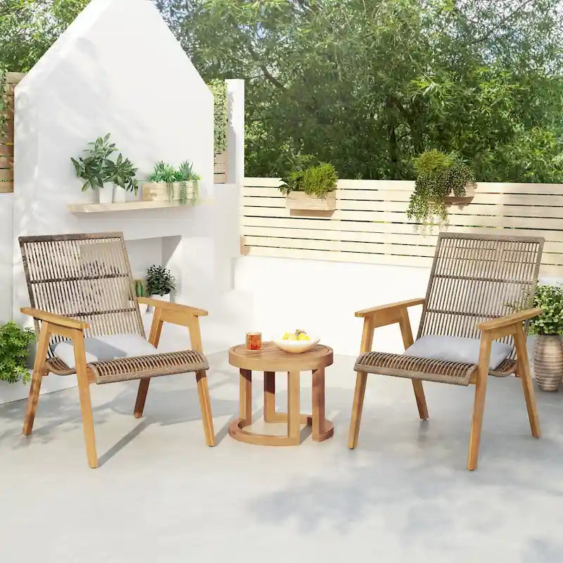 Ensemble de table et chaises de jardin, fauteuils en osier tressé avec coussins et table basse ronde, ensemble lounge d'extérieur 3 pièces