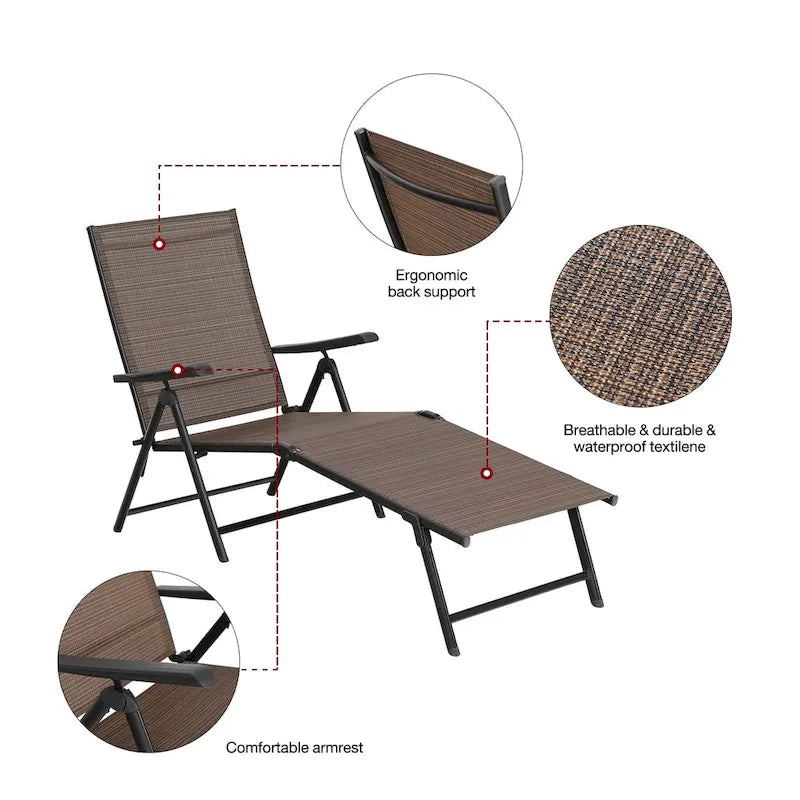 Chaise longue pliante réglable en 5 positions, 2 pièces, pour terrasse, jardin, plage ou piscine - Marron