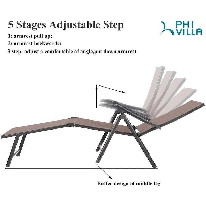 Chaise longue pliante réglable en 5 positions, 2 pièces, pour terrasse, jardin, plage ou piscine - Marron