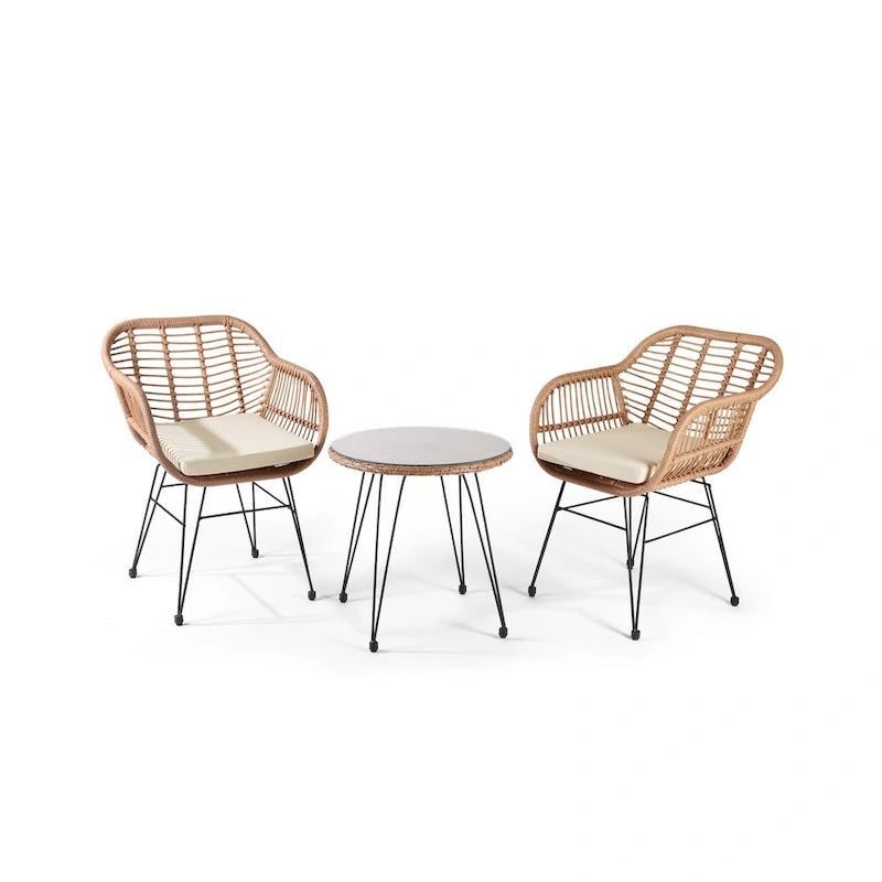 Ensemble bistro de patio extérieur en osier 3 pièces Crescent avec coussins