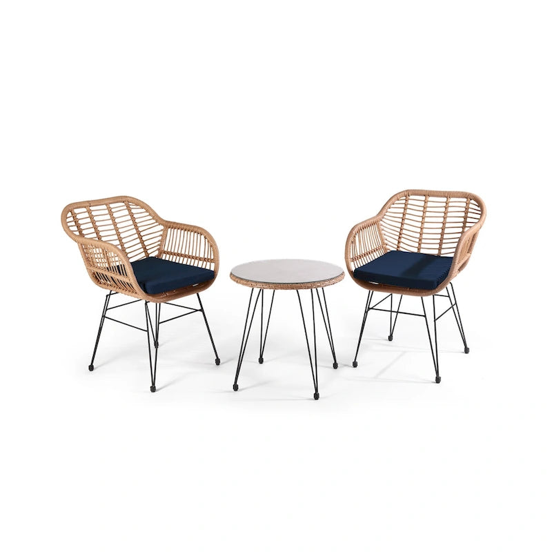 Ensemble bistro de patio extérieur en osier 3 pièces Crescent avec coussins