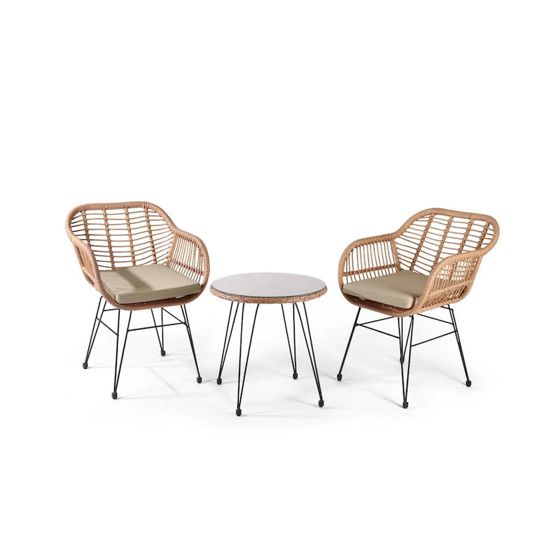 Ensemble bistro de patio extérieur en osier 3 pièces Crescent avec coussins