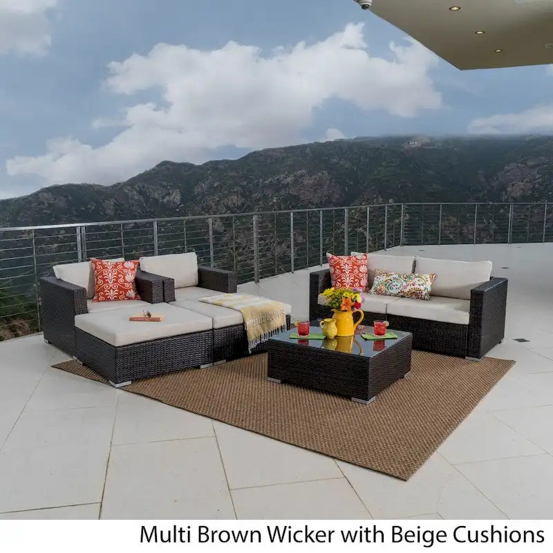 Ensemble de canapés d'angle d'extérieur en résine tressée 7 pièces Santa Rosa avec coussins, par Christopher Knight Home