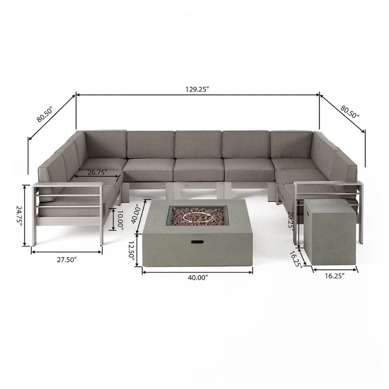 Ensemble canapé d'angle en U 9 places et foyer extérieur Cape Coral en tissu et aluminium de Christopher Knight Home