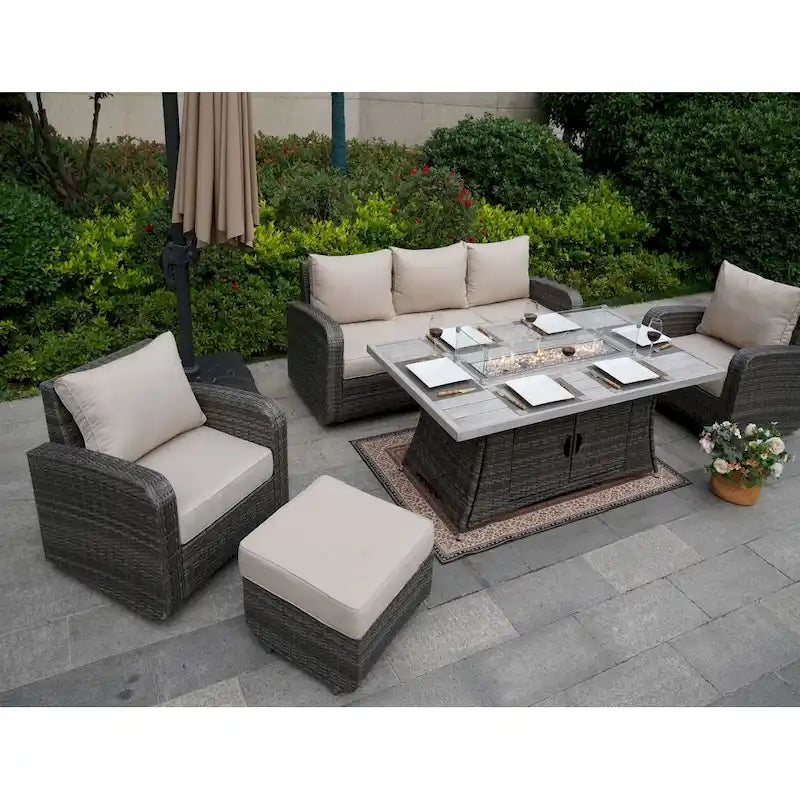 5-Piece Wicker Patio Sofa Set with Gas Firepit And Ice Bucket by None