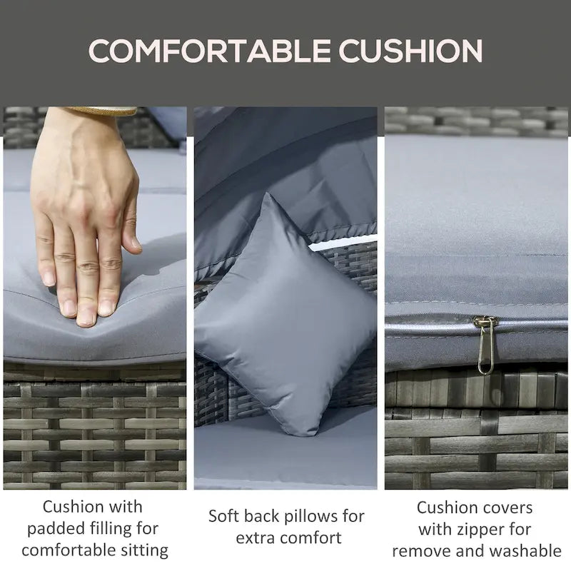 Ensemble de mobilier de jardin en rotin Outsunny 4 pièces, lit de jour ou bain de soleil rond convertible pour terrasse, canapé d'angle avec auvent