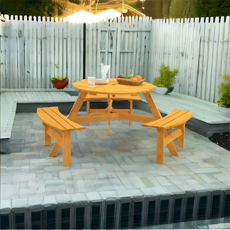 6-Person Circular Outdoor Wooden Picnic Table w/3 Built-in Benches