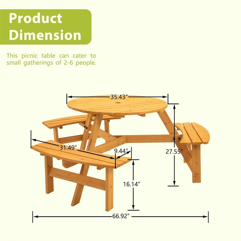 Table de pique-nique circulaire en bois pour 6 personnes avec 3 bancs intégrés