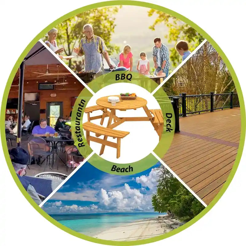 Table de pique-nique circulaire en bois pour 6 personnes avec 3 bancs intégrés