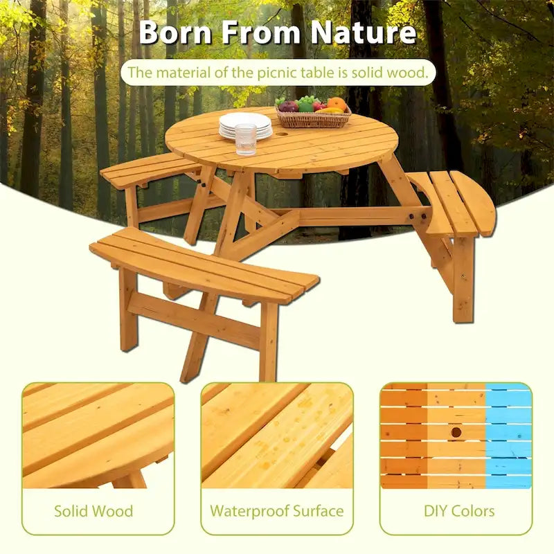 Table de pique-nique circulaire en bois pour 6 personnes avec 3 bancs intégrés