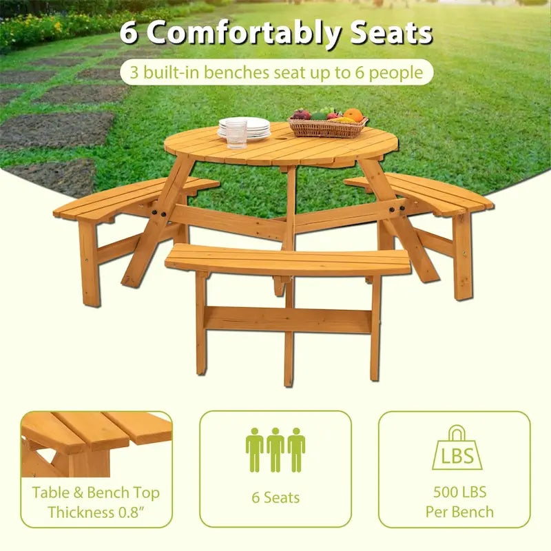 Table de pique-nique circulaire en bois pour 6 personnes avec 3 bancs intégrés