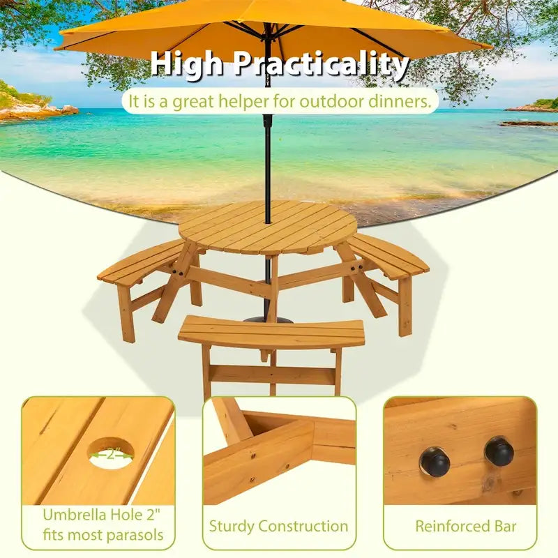 Table de pique-nique circulaire en bois pour 6 personnes avec 3 bancs intégrés