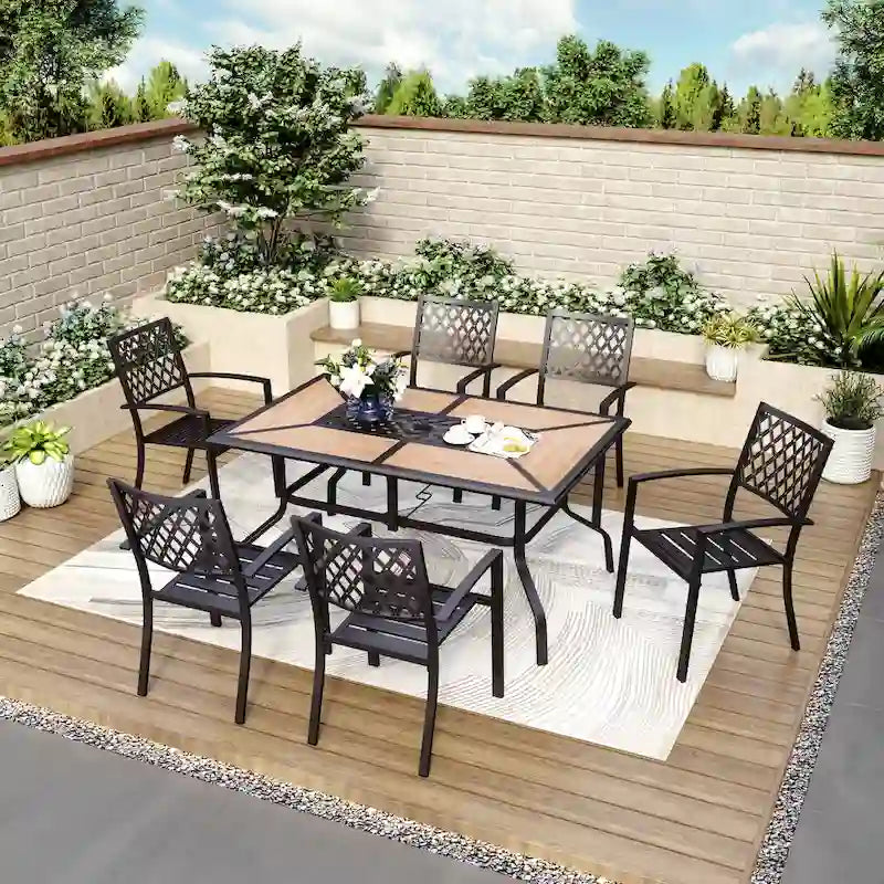 MAISON ARTS 7 Pieces Patio Steel Dining Set with 6 Stackable Steel Dining Chairs and 1 Patio Umbrella Rectangle Table