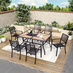 MAISON ARTS 7 Pieces Patio Steel Dining Set with 6 Stackable Steel Dining Chairs and 1 Patio Umbrella Rectangle Table