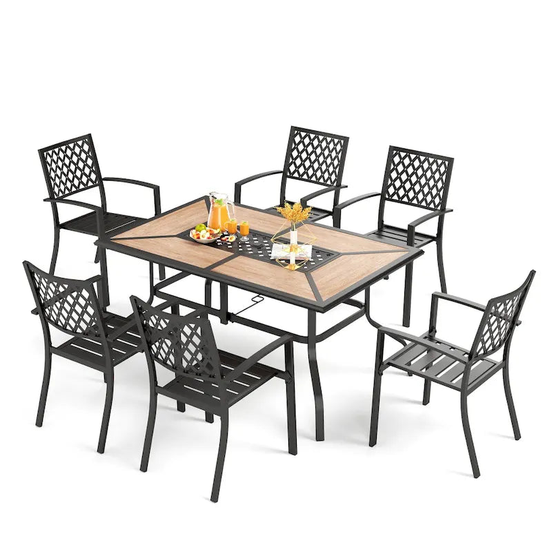 Ensemble de salle à manger d'extérieur MAISON ARTS 7 pièces en acier avec 6 chaises empilables et 1 parasol rectangulaire