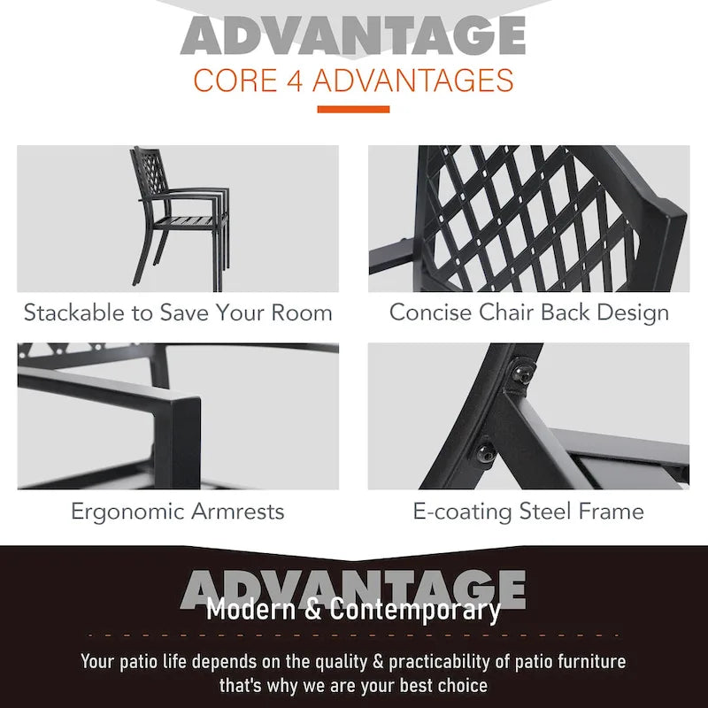 Ensemble de salle à manger d'extérieur MAISON ARTS 7 pièces en acier avec 6 chaises empilables et 1 parasol rectangulaire