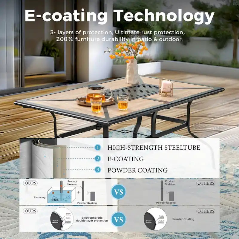 Ensemble de salle à manger d'extérieur MAISON ARTS 7 pièces en acier avec 6 chaises empilables et 1 parasol rectangulaire