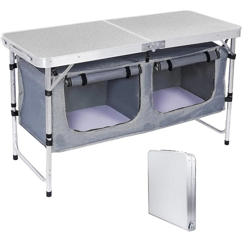 Table de camping pliante avec rangement, portable, réglable et légère, idéale pour les pique-niques, la plage, la randonnée et les voyages, en intérieur comme en extérieur.
