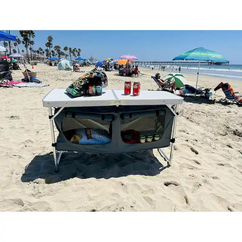 Table de camping pliante avec rangement, portable, réglable et légère, idéale pour les pique-niques, la plage, la randonnée et les voyages, en intérieur comme en extérieur.