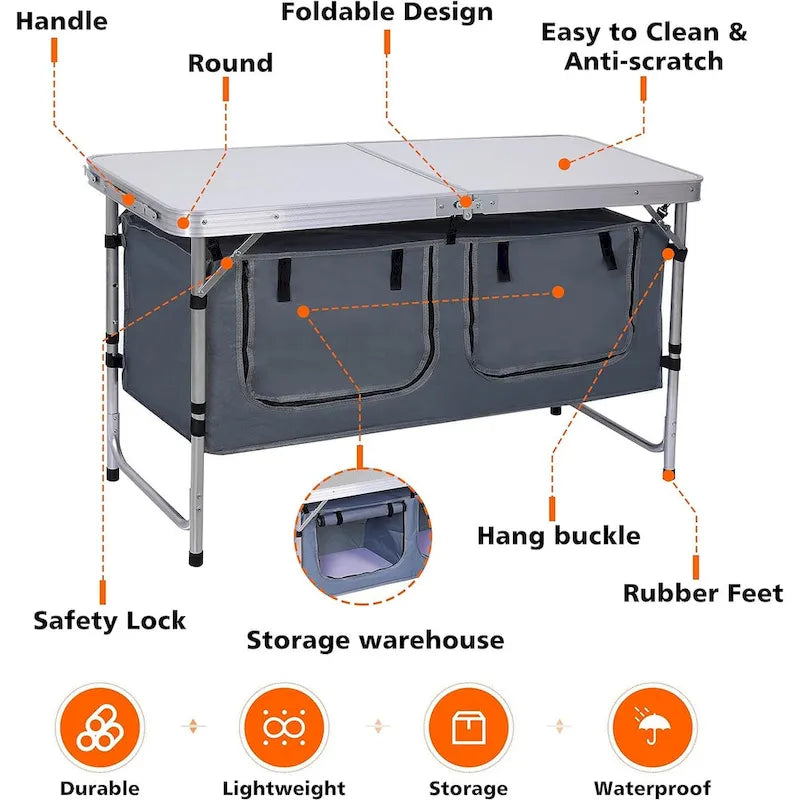 Table de camping pliante avec rangement, portable, réglable et légère, idéale pour les pique-niques, la plage, la randonnée et les voyages, en intérieur comme en extérieur.