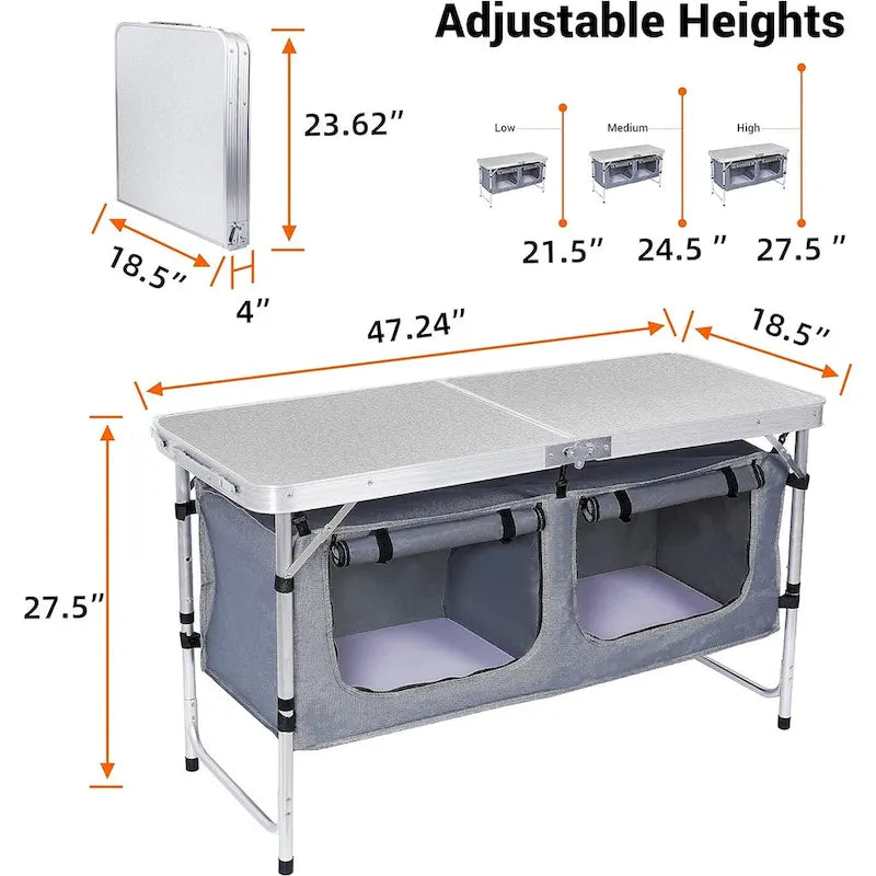 Table de camping pliante avec rangement, portable, réglable et légère, idéale pour les pique-niques, la plage, la randonnée et les voyages, en intérieur comme en extérieur.