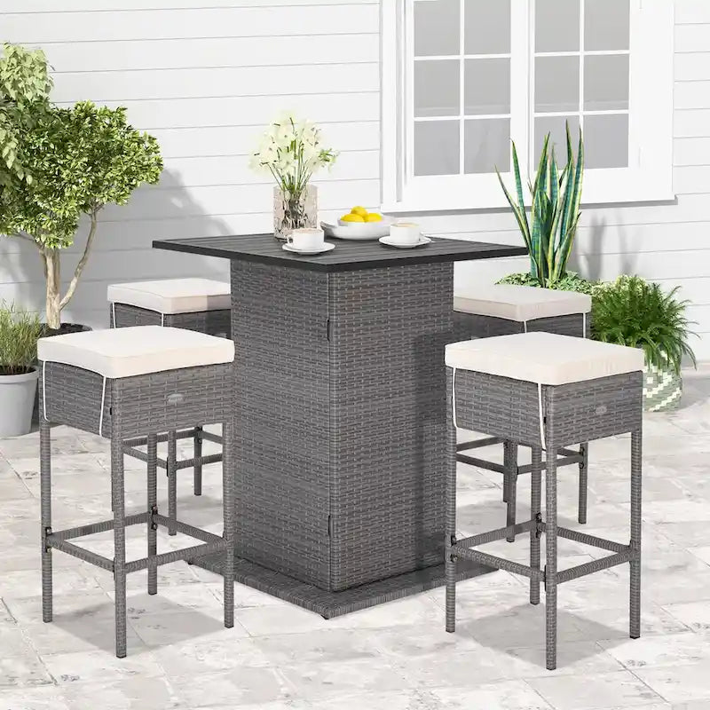5 PCS Outdoor Wicker Bar Table Set w/ Storage Shelves Bar Table Stools
