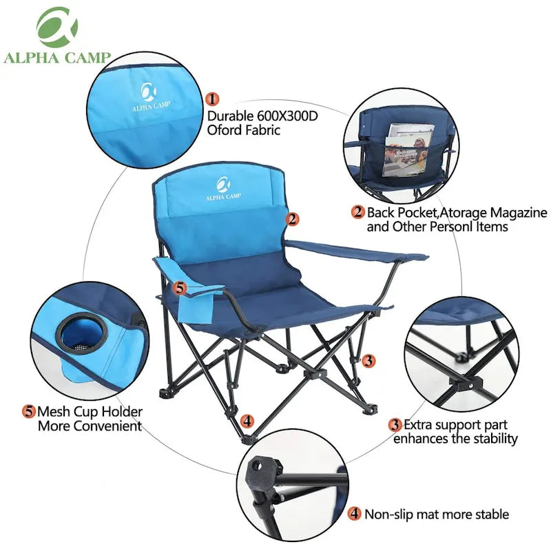 Chaise pliante de camping portable quadruple, robuste, supportant jusqu'à 136 kg (300 lb), cadre en acier surdimensionné, chaise pliable