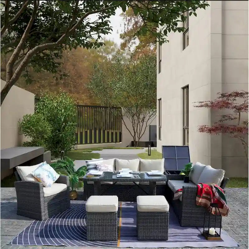 Ensemble de canapé d'angle d'extérieur en résine tressée 7 pièces avec coffre de rangement et pouf