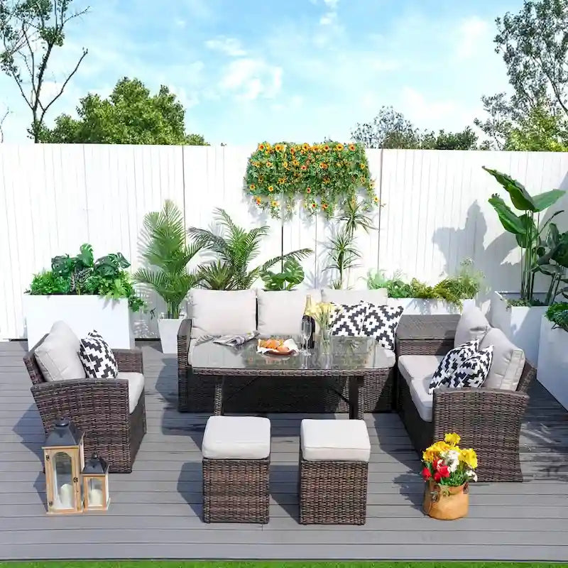 Ensemble de canapé d'angle d'extérieur en résine tressée 7 pièces avec coffre de rangement et pouf