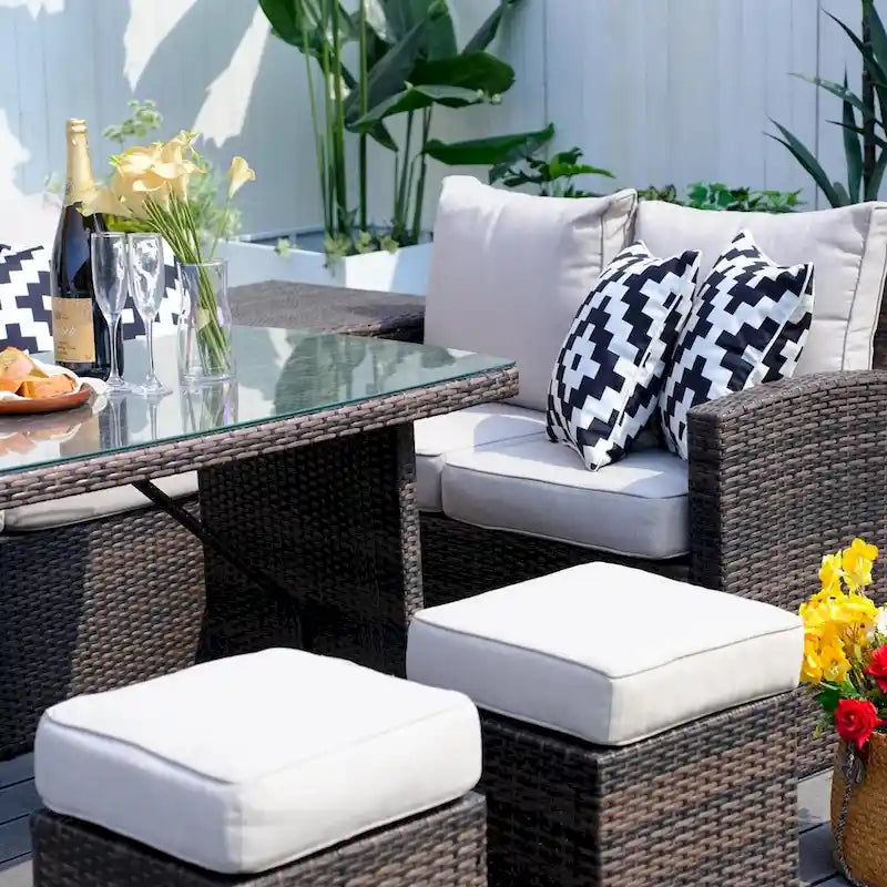 Ensemble de canapé d'angle d'extérieur en résine tressée 7 pièces avec coffre de rangement et pouf