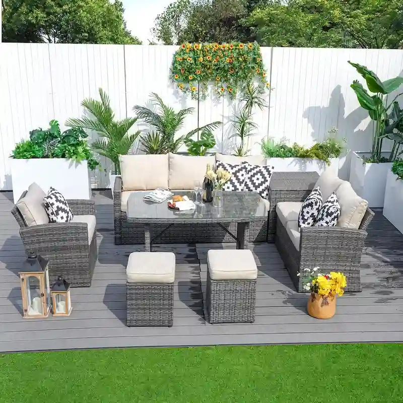 Ensemble de canapé d'angle d'extérieur en résine tressée 7 pièces avec coffre de rangement et pouf