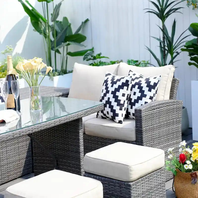 Ensemble de canapé d'angle d'extérieur en résine tressée 7 pièces avec coffre de rangement et pouf