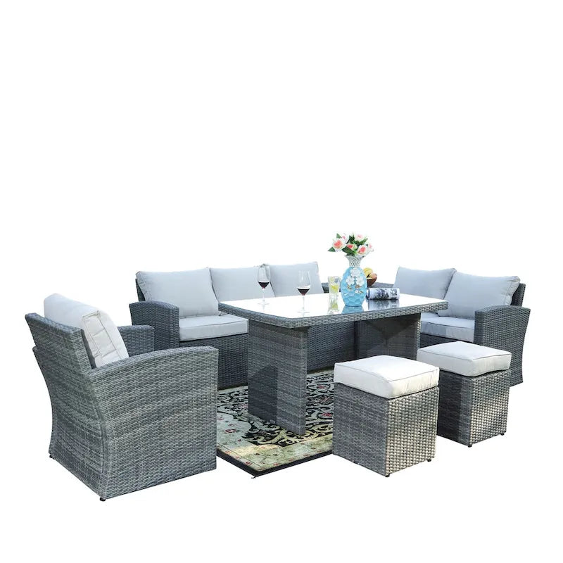 Ensemble de canapé d'angle d'extérieur en résine tressée 7 pièces avec coffre de rangement et pouf