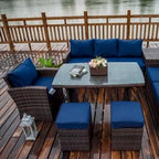 Ensemble de canapé d'angle d'extérieur en résine tressée 7 pièces avec coffre de rangement et pouf