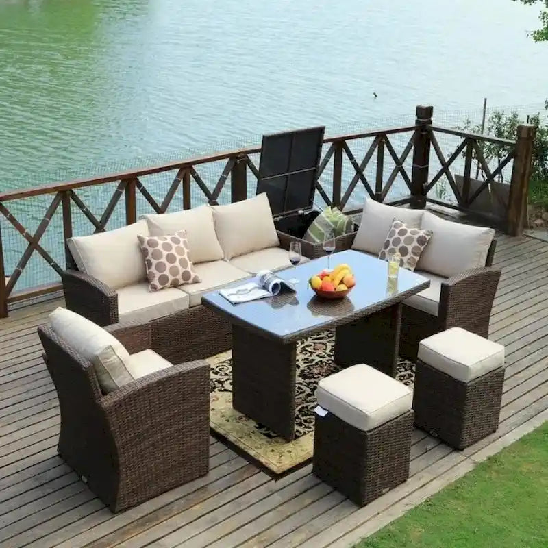 Ensemble de canapé d'angle d'extérieur en résine tressée 7 pièces avec coffre de rangement et pouf