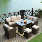 Ensemble de canapé d'angle d'extérieur en résine tressée 7 pièces avec coffre de rangement et pouf