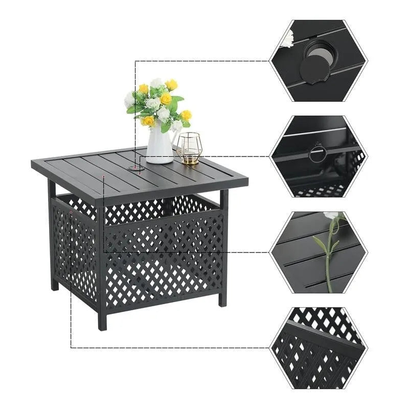 Ensemble bistro de patio MAISON ARTS comprenant une table basse avec parasol et 2 chaises empilables.