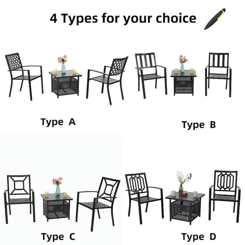 Ensemble bistro de patio MAISON ARTS comprenant une table basse avec parasol et 2 chaises empilables.