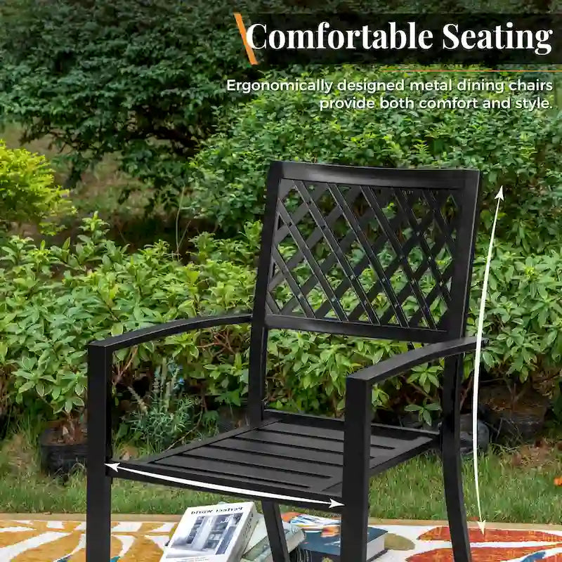 Ensemble bistro de patio MAISON ARTS comprenant une table basse avec parasol et 2 chaises empilables.