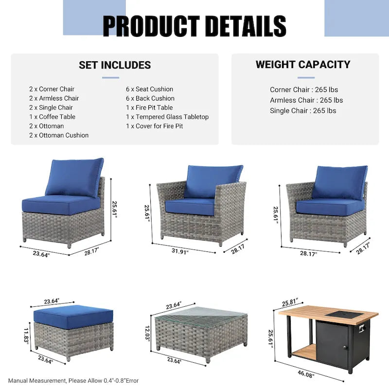 Ensemble de conversation de patio extérieur XIZZI 10 pièces avec foyer