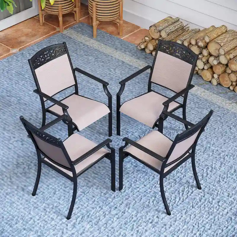 PHI VILLA Set of 4 Patio Dining Chairs Made from Sturdy Alu Frame and Breathable Textilene Sling Fabric