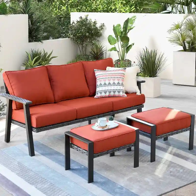 Ensemble de canapé d'angle d'extérieur 3 pièces en résine tressée OVIOS avec pouf et structure en acier