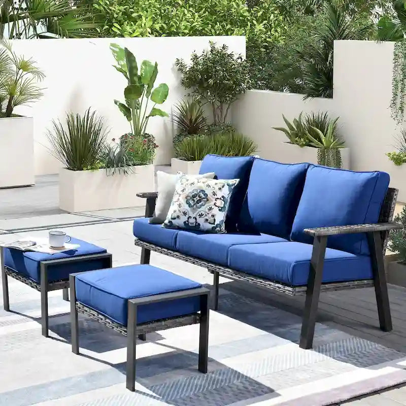 Ensemble de canapé d'angle d'extérieur 3 pièces en résine tressée OVIOS avec pouf et structure en acier