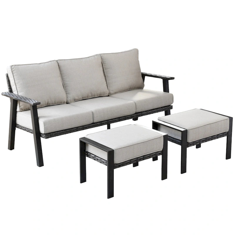 Ensemble de canapé d'angle d'extérieur 3 pièces en résine tressée OVIOS avec pouf et structure en acier