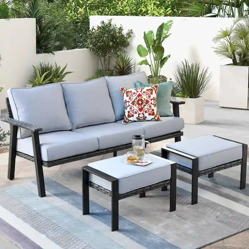 Ensemble de canapé d'angle d'extérieur 3 pièces en résine tressée OVIOS avec pouf et structure en acier