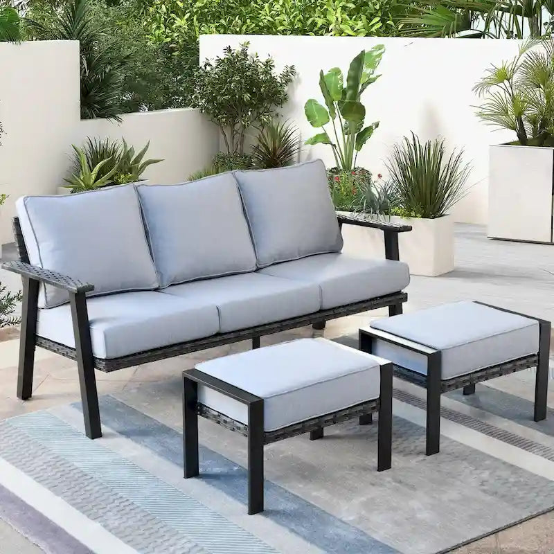 Ensemble de canapé d'angle d'extérieur 3 pièces en résine tressée OVIOS avec pouf et structure en acier